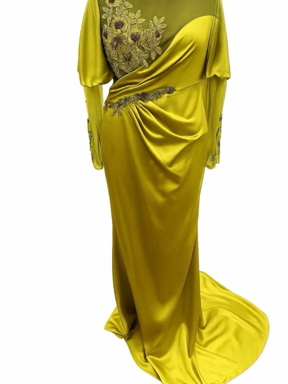 Lime Green Satin Maxi Dress with Embroidered Appliqué